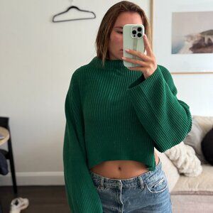 Chunky Knit Green High-Neck Cropped Sweater, Isolde Mock Neck Sweater from L'Aca